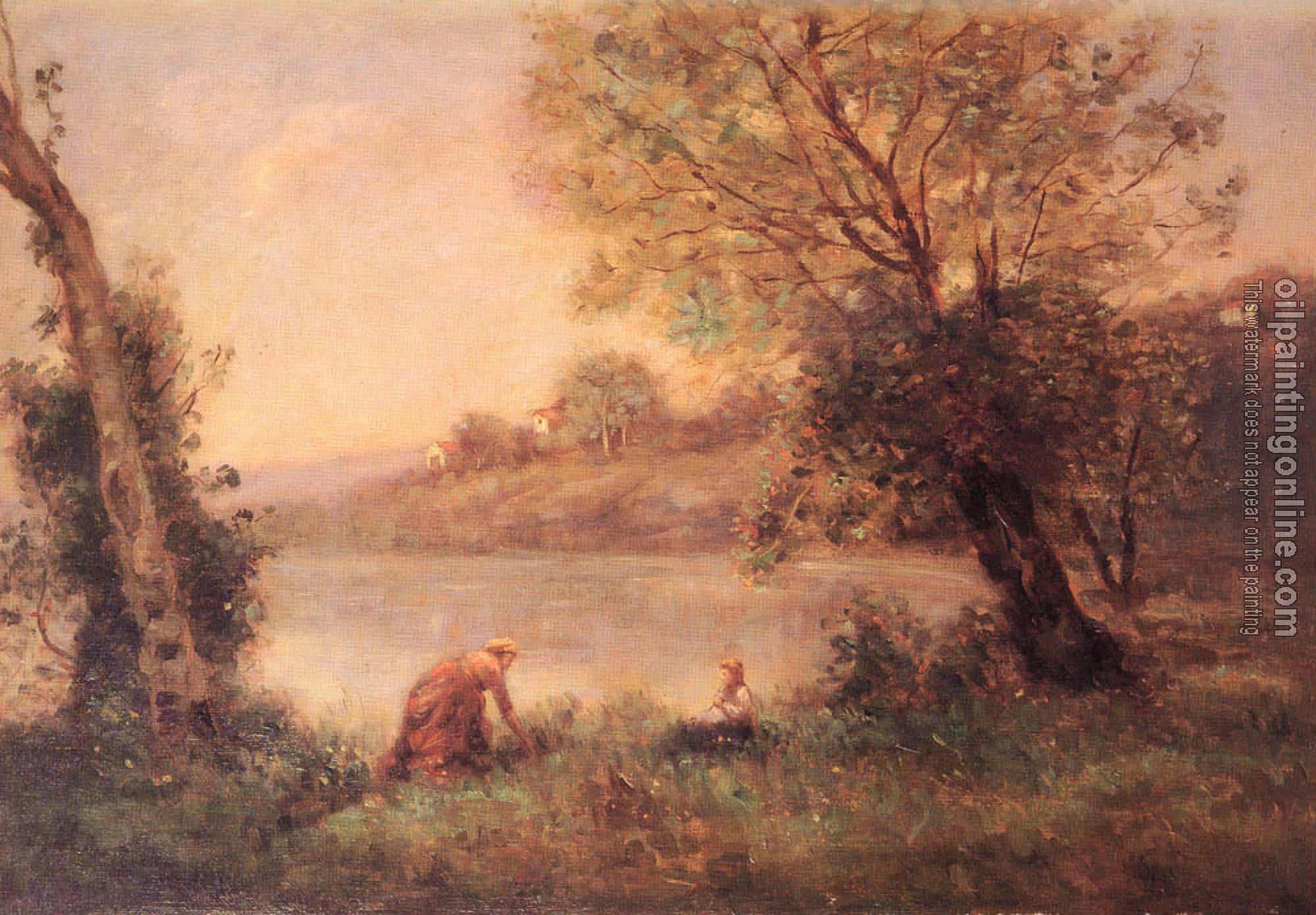 Corot, Jean-Baptiste-Camille - Ville-D'avray - Paysanne Et Son Enfant Entre Deux Arbres Au Bord De L'etang